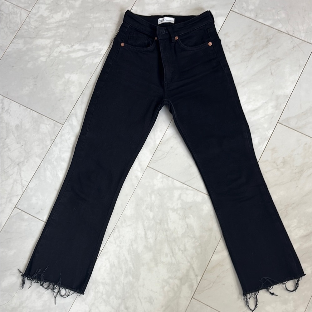Zara Black Flare Wide Leg Jeans with Frayed Hem